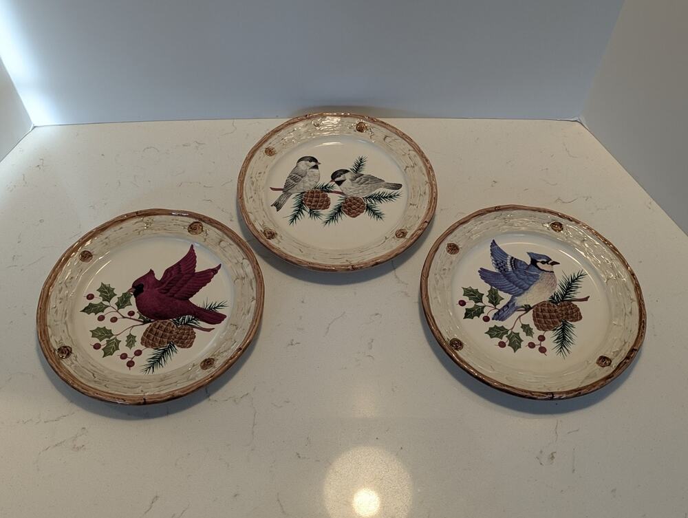 3 SONOMA Holiday KNOLLWOOD Salad Dessert PLATES Different Bird Each Plate 8"